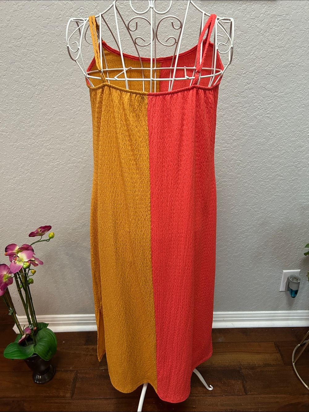 Colorblock Spaghetti-Strap Midi Dress in Coral and Mustard by Antropolgie M - Picture 2 of 3